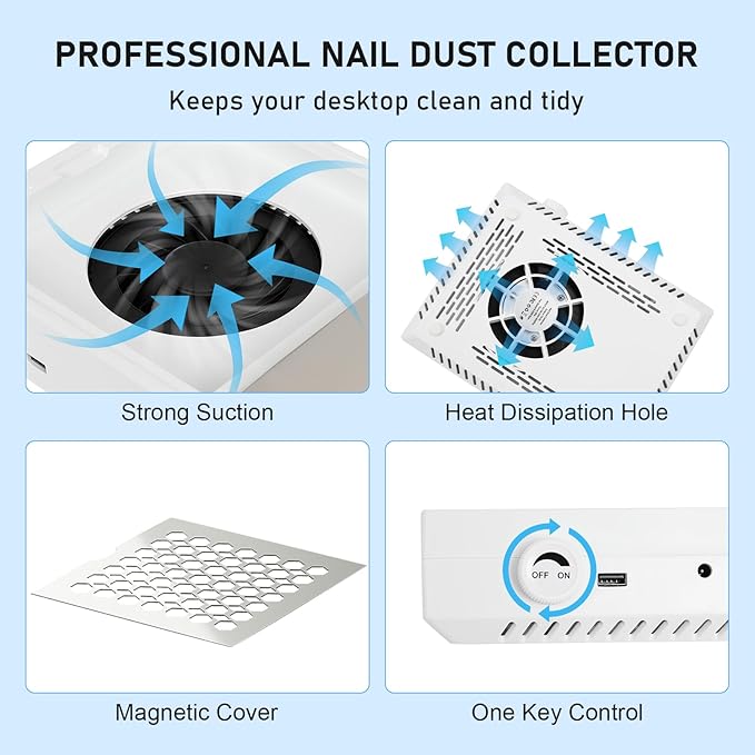 FAHKNS Nail Dust Collector for Nail Tech & Acrylic Nail Polishing, Adjustable Speed Nails Extractor Vacuum, Powerful Vacuum Fan, Low Noise, Reusable Filter & Magnetic Detachable Nail Salon