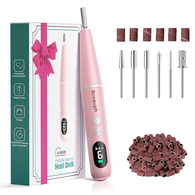 Cordless Nail Drill Kit - 9 Speed Wireless Electric Nail File with LED Display, Portable Nail Drill Machine for Acrylic Gel Nails, Rechargeable 20000RPM Hand Feet Grind Trim Tool for Women Men Baby