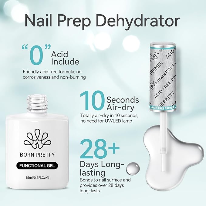 Born Pretty Nail-Primer, Acid Free Natural Nail Bond Nail-Primer for Gel Nail Polish, Non Acid Nail-Primers for U V Gels, Fast Drying Prep Dehydrator Base Varnish Manicure Bonder Liquid 15ml