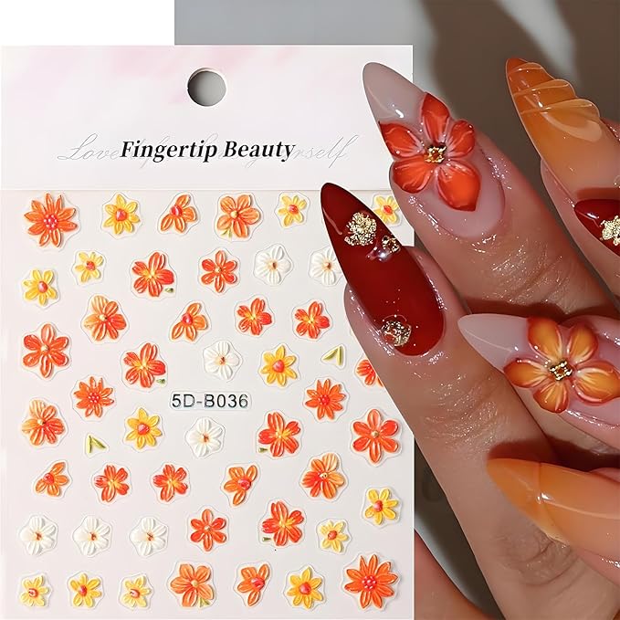 Fall Flowers Nail Art Stickers, Fall Gradient Orange Flower Nail Decals 5d Embossed Small Yellow Flower 2Pcs Nail Art Supplies for Women Nail Decoration