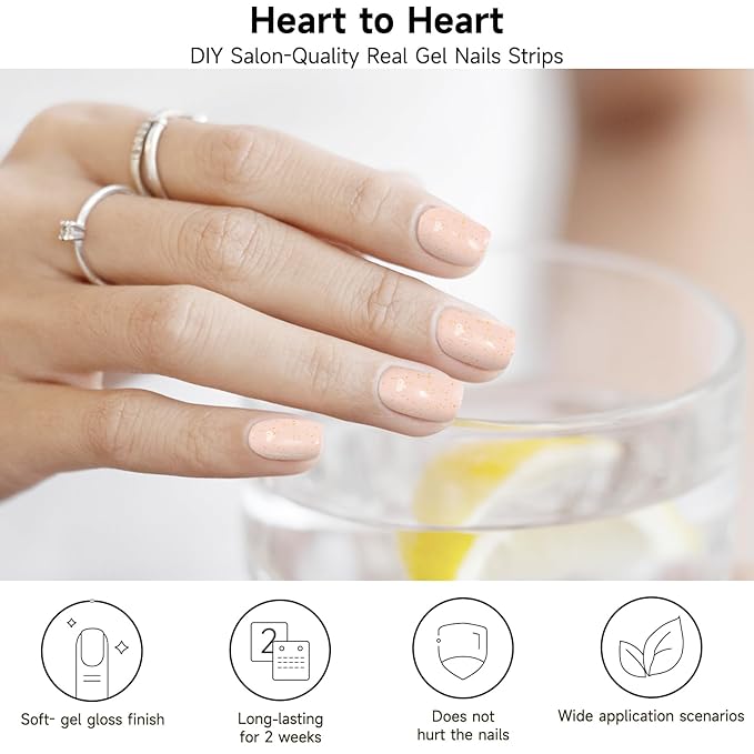 Semi Cured Gel Nail Strips, Heart to Heart | 28 pcs Gel Nail Strips Work with Any UV Lamp, Salon Quality UV Nails Stickers, Easy to Apply for Home Nails DIY
