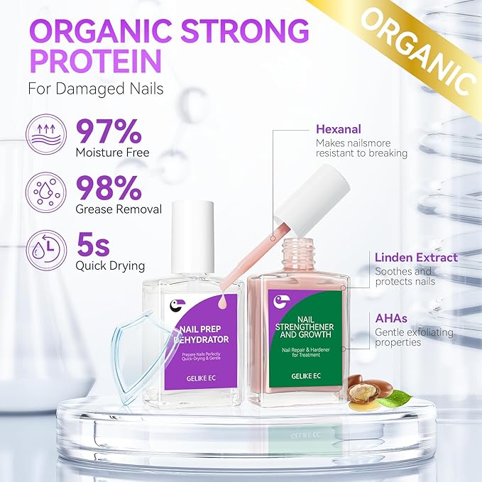 Gelike EC 2-in-1 Nail Repair Set: Nude Strengthener & Dehydrator 15ml Fix Weak Nails Fast - Salon Results at Home for Busy Moms Travelers