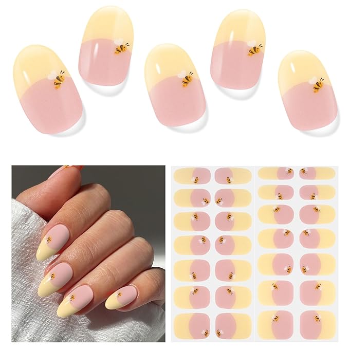 Semi Cured Gel Nail Strips,28 PCS Nail Art Stickers(Yellow BER),Gel Stickers for Nails UV Light,Nail Polish Strips Includes Prep Pads, Nail File & Wood Stick