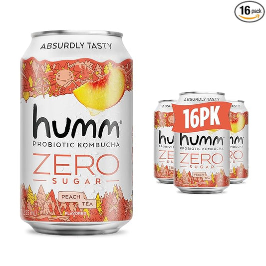 Humm Probiotic Kombucha Zero Sugar Peach Tea, No Refrigeration Needed, Keto Friendly, Organic, Vegan, Gluten Free, 12oz Cans (16 Pack)