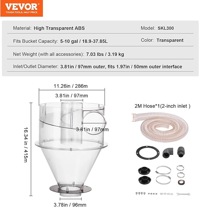 VEVOR Cyclone Dust Separator, 4" Retrofit Cyclone Separator for Dust Collectors, ABS Material With 2" Hole O.D. Connector & Hose for Wet/Dry Shop Vacuums, Fits 5-10 Gallon Tank (Tank Exclude)