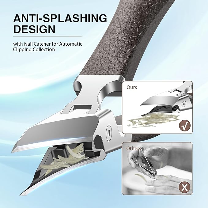 Eagle Beak Slanted Nail Clippers for Thick & Ingrown Toenails, Wide Jaw Opening Anti-Splash Angled Toenail Cutter with Curved Blade, Cuticle Clippers for Seniors, 3-Piece Set with Case