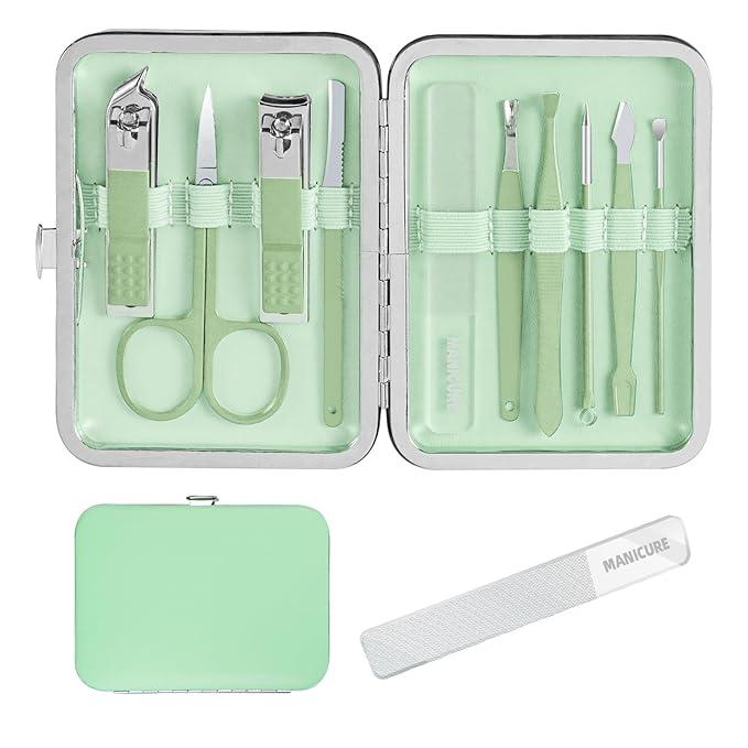 Manicure Set Professional Nail kit, Andrea 10 pcs mens manicure kit and Grooming kit, Nail Care Tools with Luxurious Travel Leather Case for Thick Nails Men Gift (green)