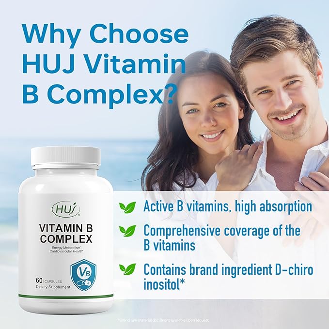 HUJ Vitamin B Complex - B Vitamins Supplement to Support Energy Metabolism, Cardiovascular Health - 60 Capsules