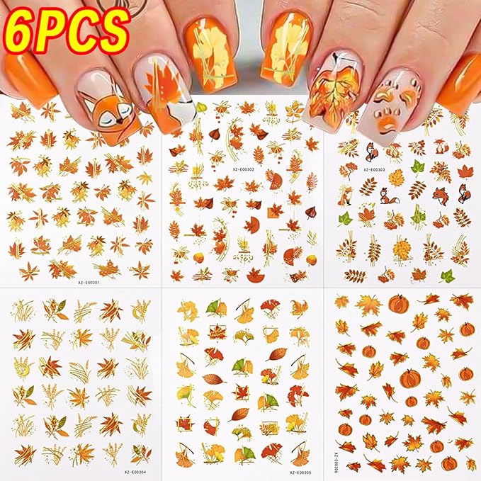 Autumn Nail Art Stickers Pumpkin Nail Stickers for Nail Maple Leaf Nail Decals Fall Leaves Wheat Foxes Design Gold Thanksgiving Nais Sticker for Decor Holiday Manicure Supplies for Women 6 Sheets