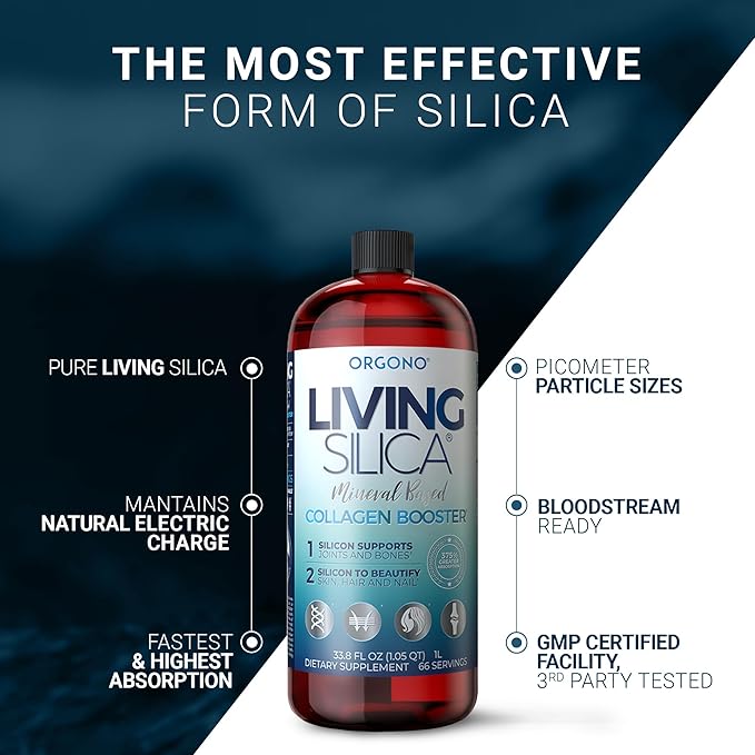 Orgono Living Silica Collagen Booster | Vegan Mineral-Based Silica Supplement | Supports Healthy Collagen & Elastin Production for Joint & Bone Support, Glowing Skin, Strong Hair & Nails | 33.8 Fl Oz