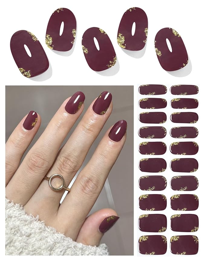 Semi Cured Gel Nail Strips, 20pcs Gold Foil Gel Stickers Work with UV for Home Nail Art DIY, Easy to Use and Remove