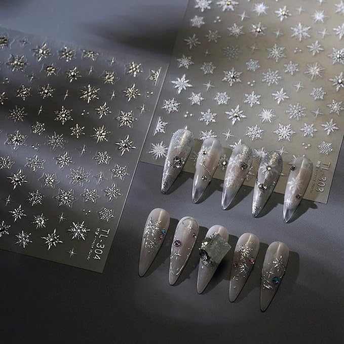 Snowflake Nail Art Stickers Decals 5D Embossed Christmas Snowflake Nail Stickers with Rhinestone 1PCS Silver Winter Snowflakes Self-Adhesive Nail Decals Xmas Nail Art Decoration Supplies for Women