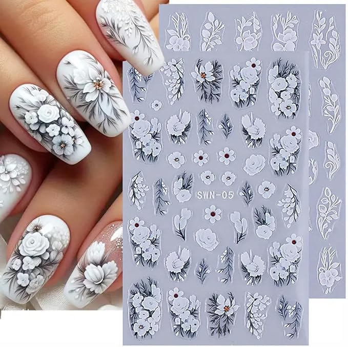 Flower Nail Art Stickers Decals 5D Embossed White Flowers Nail Decals 4PCS Floral Leaf Nails Design Adhesive Flower Stickers for Nails Manicure Accessories for Women Summer Fall Nail Art Decorations