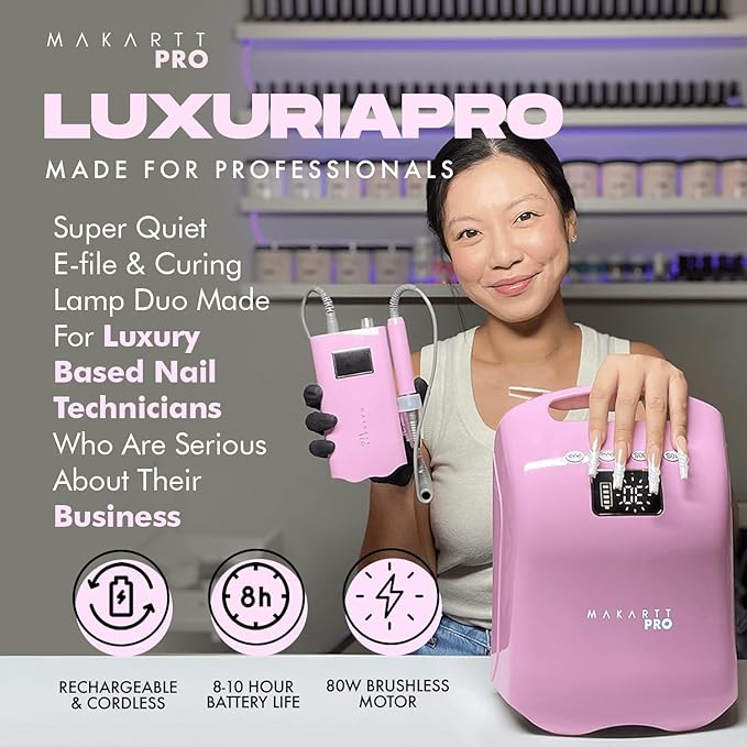 MakarttPro LuxuriaPro 35000 RPM Professional Nail Drill - 85W Brushless Motor | High Torque | Quiet & Vibration-Free | Portable, Rechargeable & Cordless Nail Drill for Technicians (Baby Pink)