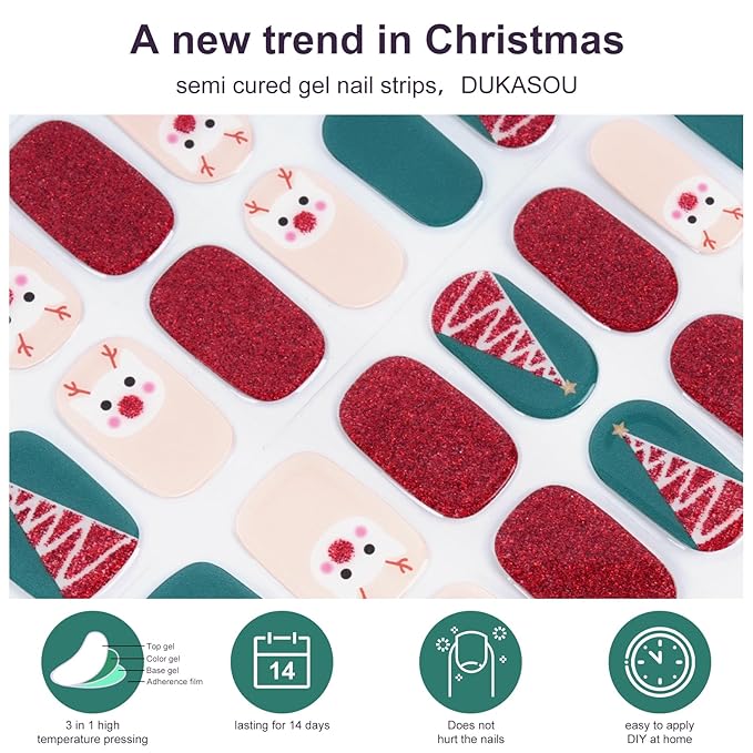Semi Cured Gel Nail Strips,28 pcs Christmas Nail Stickers for Women,Long Lasting Gel Strips with Any UV Light,Red Green Christmas Sticker for Nails Easy to Apply