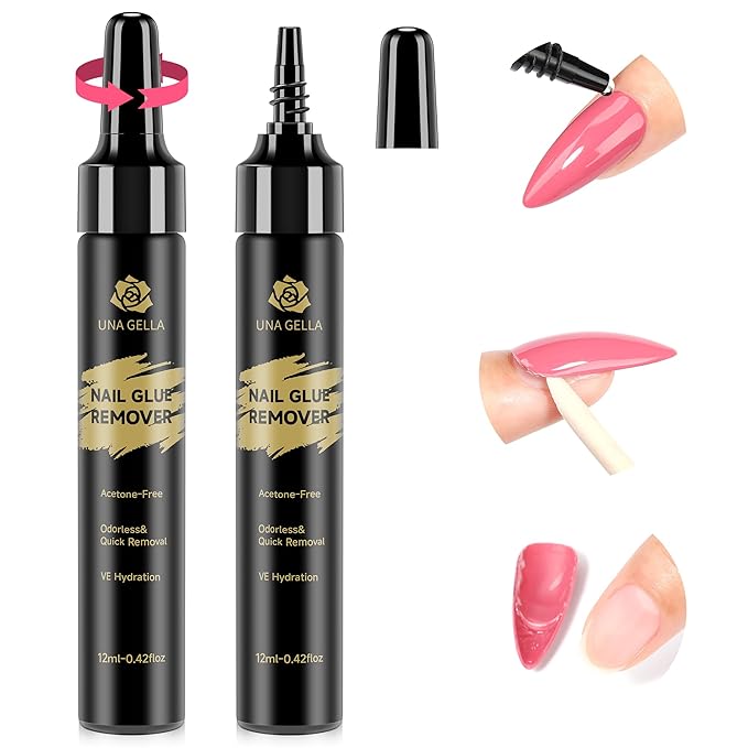 UNA GELLA Quick Removal Gel Nail Glue Remover for Press On Nails: Acrylic Nails Semi Solid Nail Glue Acetone-Free, Not for Gel Polish Base Coat Soak Off Remover Kit Drip Use, 12ml*2pcs
