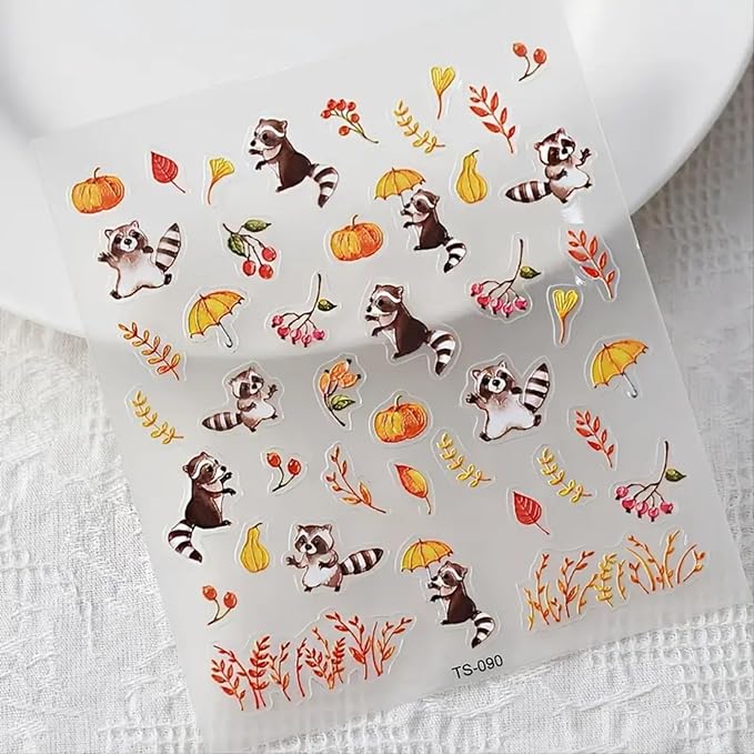 Fall Nail Art Stickers Decals Autumn Nail Decals 5D Embossed Raccoon Nails Stickers Maple Leaf Pumpkin Nail Art Supplies Fallen Leaves Animal Nail Decals for Women Thanksgiving Day Manicure Decoration