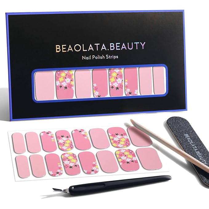 Nail Polish Strips, 32PCS Salon Quality Wraps, Long Lasting Gel Nail Stickers for Women Easy Apply& Remove (Flower Love Pastel Pink)
