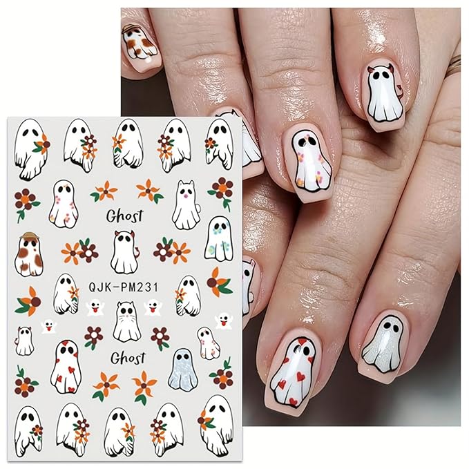 9 Sheets 3D Halloween Nail Art Stickers Self-Adhesive Cute Skull Pumpkin Bat Ghost Spider Designs Cartoon DIY Flowers Nail Art Stickers Decals Halloween Nail Supplies for Women Nails Art Decoration