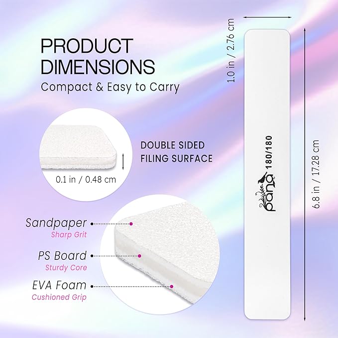 10PCS Jumbo Size PANA Professional Double Sided Nail Files - White, 180/180 Grit - Emery Board Nail Buffering File Manicure Pedicure Nail Polisher Washable