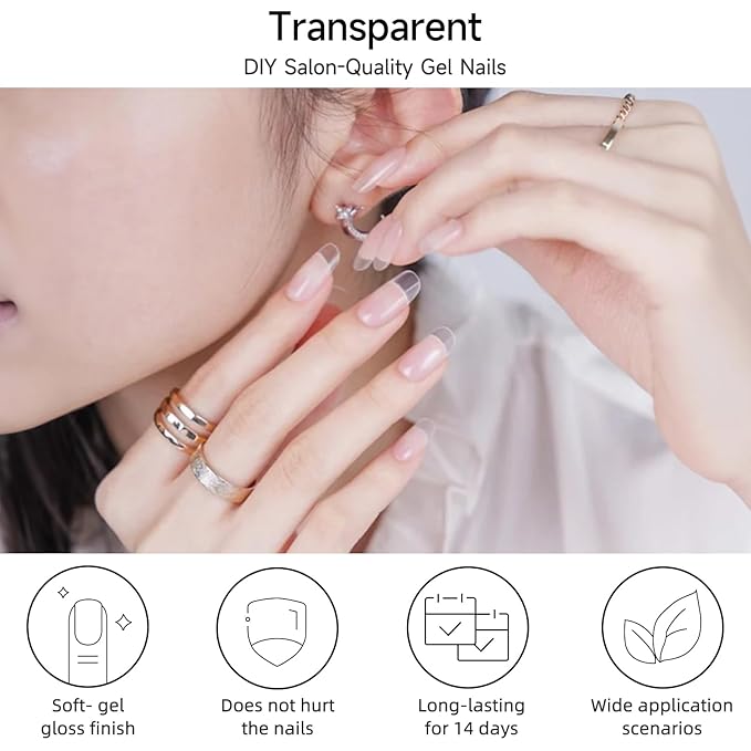 Semi Cured Gel Nail Strips, Transparent | 28 pcs Gel Nail Strips Work with Any UV Lamp, Salon Quality UV Nails Stickers, Easy to Apply for Home Nails DIY