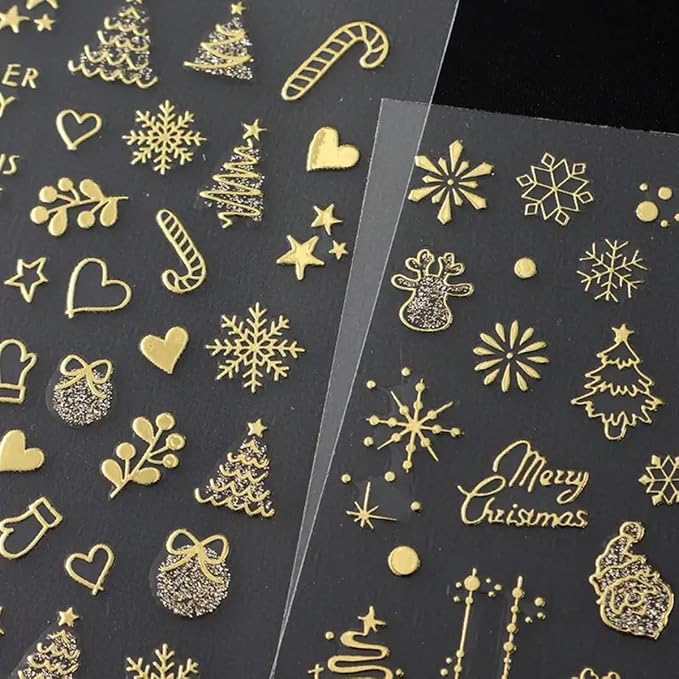 Christmas Nail Art Stickers 3D Gold Crystal Ball Snowflake Tree Christmas Nail Stickers 6PCS Candy Cane Cute Elk Self-Adhesive Xmas Nail Decals Sliders New Year Holiday Nail Art Supplies for Women