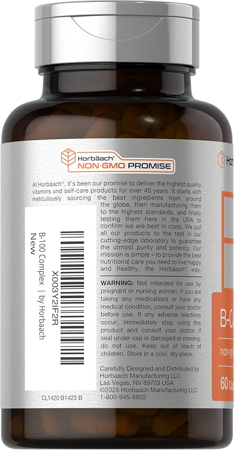Horbäach B-100 Complex Vitamin | 60 Capsules | Non-GMO and Gluten Free Supplement