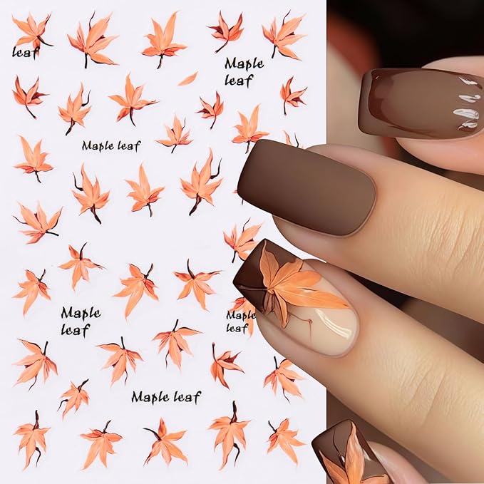8 Sheets Fall Nail Art Stickers Autumn Maple Leaf Pumpkin Nail Sticker 3D Self-Adhesive Nail Decals Gold Glitter Plaid Pumpkin Nail Designs Thanksgiving Holiday DIY Manicure Decor Sticker for Women