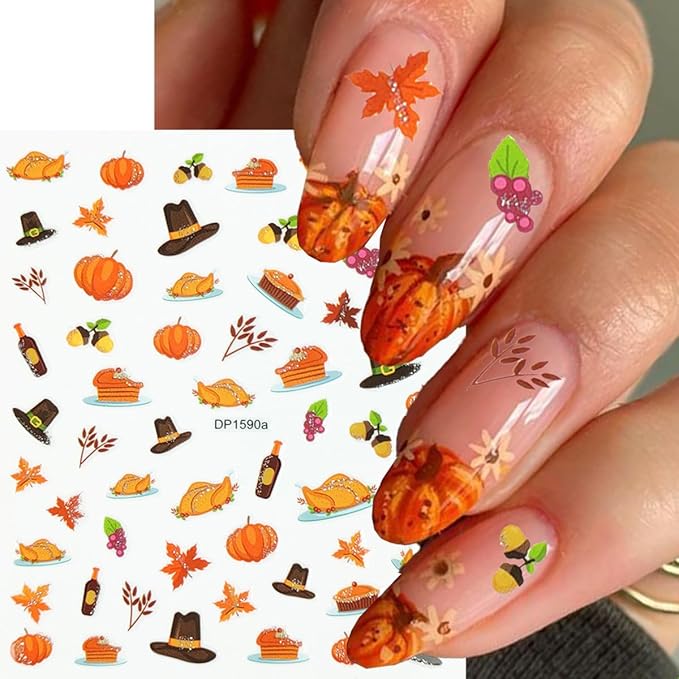 Autumn Nail Stickers Pumpkin Nail Art Stickers Fruit Nail Decals Fallen Leaves Maple Leaf Pear Grapes Hat Design Orange Thanksgiving Sticker for Nails DIY Manicure Decoration for Women 6 Sheet