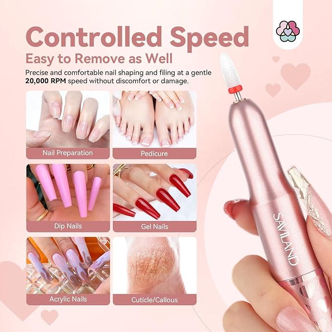 SAVILAND Acrylic Electric Nail Drill : Exclusive Love Series Portable Efile Nail Drill Machine Professional Complete Drill Bits for Remove Acrylic Nails Manicure & Toenails Nail Care Home Salon DIY