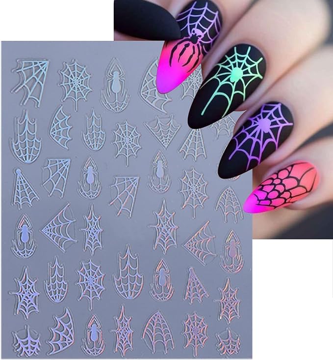 8 Sheets Halloween Nail Art Stickers 3D Self-Adhesive Spider Web Nail Stickers White Black Red Gold Laser Silver Spider Design Nail Decals for Women Girls Scary Halloween Manicure Decoration