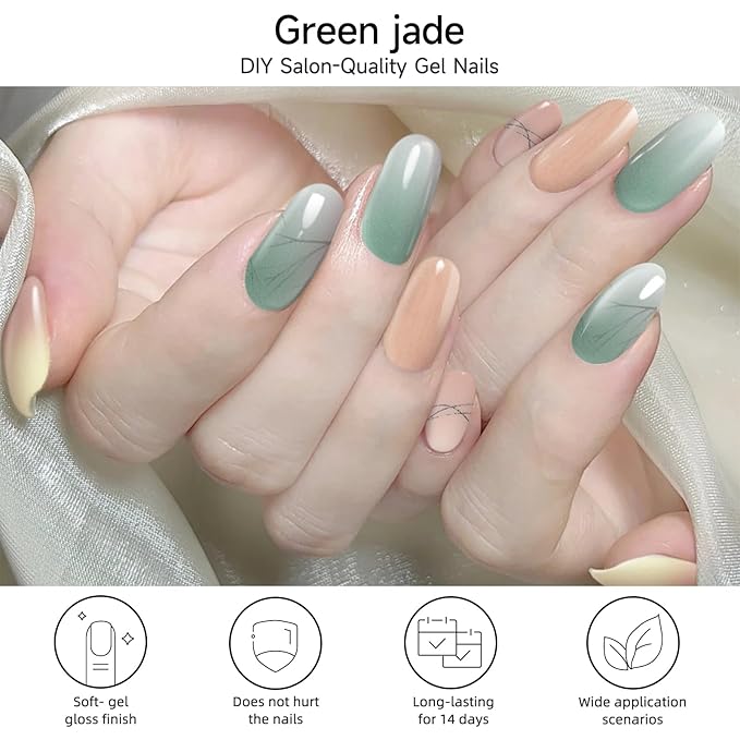 Semi Cured Gel Nail Strips, Green Jade | 28 pcs Chinese Style Gel Nail Strips Work with Any UV Lamp, Salon Quality New Chinese Nail Stickers, Include Prep Pads, Nail File&Wood Stick