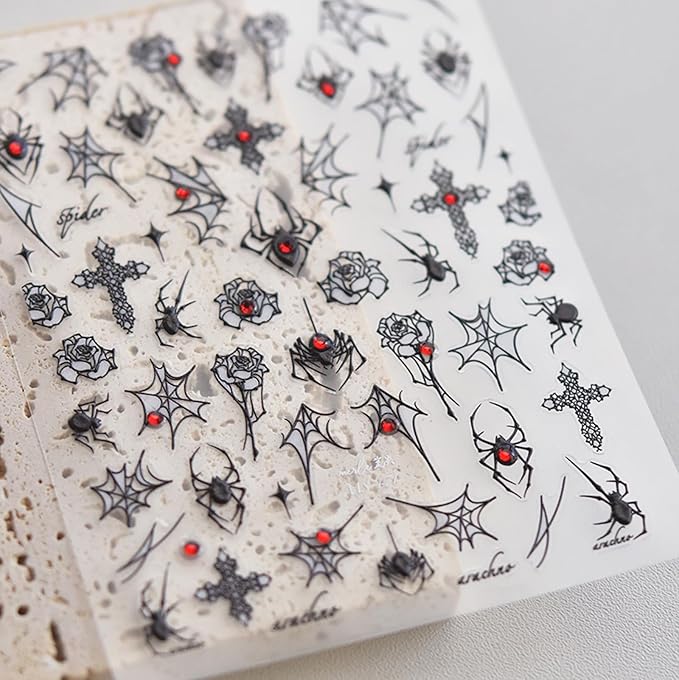 Halloween Nail Art Stickers Spider Web Spider Nail Decals 5D Crystal Diamond Nail Stickers Black Spider Web Spiders Cross Rose Nail Art Supplies Halloween Nail Accessories for Women Nails Decorations