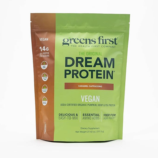 Greens First Dream Protein Plant-Based Vegan Powder - USDA Organic Pumpkin, Hemp & Pea Protein - Gluten-Free, Non-GMO, No Added Sugar (Caramel Cappuccino, 27.42 oz)