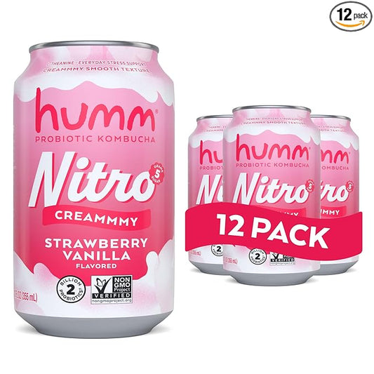 Humm Nitro Kombucha Strawberry Vanilla, Creamy Smooth Probiotic Drink with L-Theanine, Non-GMO, Vegan, Gluten Free, 12 fl oz (Pack of 12)