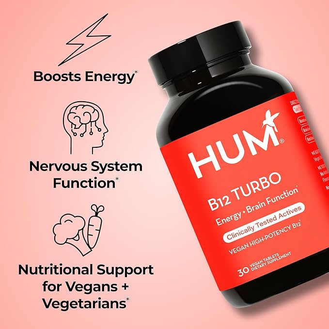 HUM B12 Turbo - Daily Energy & Calcium Support & Mood Support + Hormone Balance - Non-GMO, Gluten-Free, Vegan (30-Count)