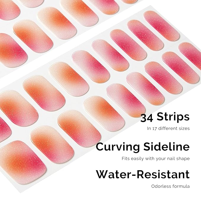 Semi Cured Gel Nail Strips - NAILOG 34 Pcs Nude Pink Gel Nail Stickers Extra Long Nail Wraps with Glossy Gel Finishing for Spring Summer, Pink Aurora