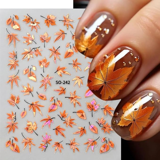 Fall Nail Art Stickers Autumn Maple Leaf Nail Decals 6PCS Laser Fallen Leaves Nail Art Supplies 3D Self-Adhesive Nail Stickers Autumn Leaf Nails Accessories for Women Thanksgiving Day Manicure Decor