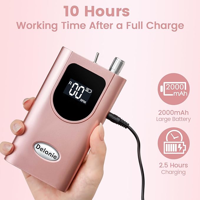 Delanie Professional Portable Electric Nail Drill Machine, 35000 RPM Rechargeable Cordless Nail Filer Electric Nail File Efle for Dip Powder Acrylic Gel Nail, Salon Nail Tool, Rose Gold