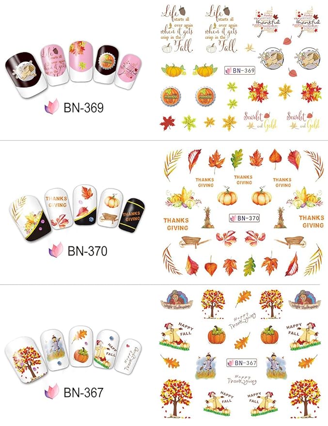 12 Sheets Fall Nail Art Stickers Thanksgiving Nail Decals Water Transfer Foils Maple Leaf Pumpkin Turkey Autumn Nail Stickers for Women Girls Kids DIY Fingernail Toenail Decoration Manicure