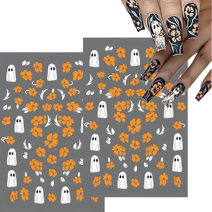 12 Sheets Halloween Nail Stickers Pumpkin Flower Nail Art Stickers 3D Self-Adhesive Bat Ghost Nail Decals Spider Nail Supplies Spider Web Nail Art Decoration for Women and Girls
