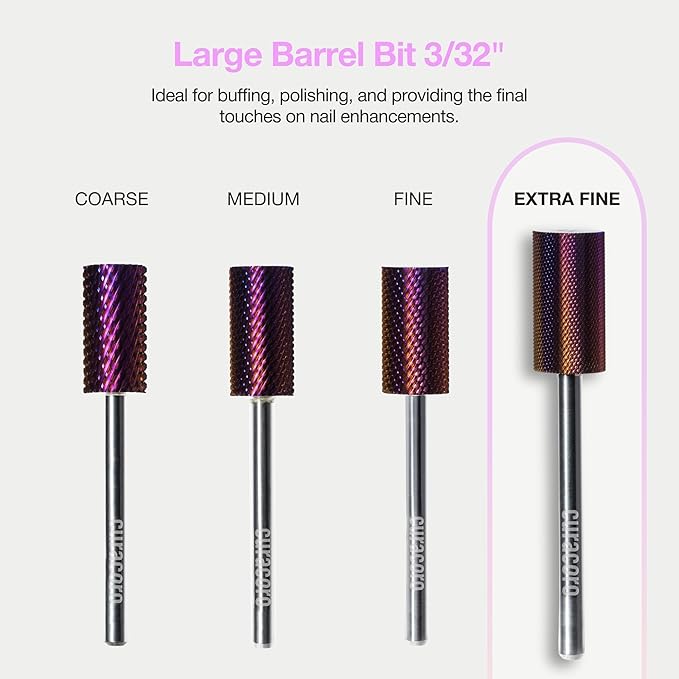 Curacoro Nail Drill Bits 3/32'' - Safe Smooth Stop Large Barrel Carbide Bit (Extra Fine) for Flawless, High-Shine Finish, Refine & Perfect Nail Enhancements, Nail Art Pedicure Manicure Salon & Home