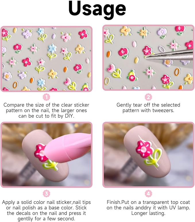 Colorful Flower Nail Stickers for Nail Art, 5D Embossed Nails Art Stickers Decals Self Adhesive Floral Nail Sticker for Women Spring Nails Sticker Decoration