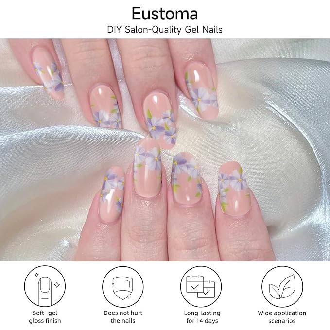 Semi Cured Gel Nail Strips, Eustoma | 28 pcs Gel Nail Strips Work with Any UV Lamp, Salon Quality UV Nails Stickers, Easy to Apply for Home Nails DIY