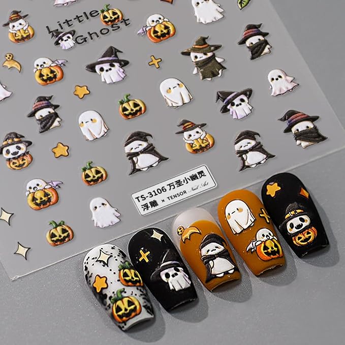 Halloween Nail Stickers for Nail Art - Cute Ghost Nail Art Sticker Halloween 5D Embossed Nail Decals Self-Adhesive Nails Supply Manicure Stickers for Nails Decoration（Little Ghost）