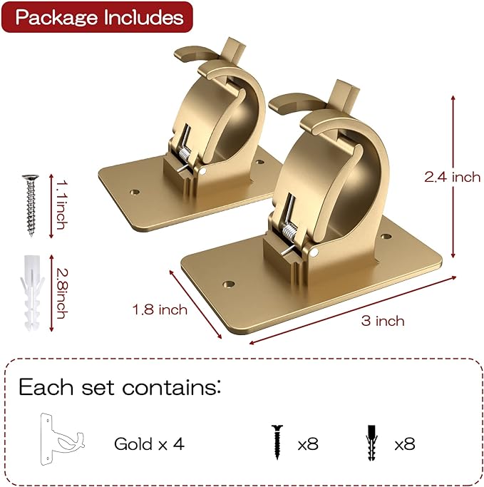 CIEMGNZOC 4PCS No Drill Curtain Rod Brackets, Gold Plastic, Self-Adhesive & Screw Mount, Holds Up To 20 Pounds, Suitable For Rods Up To 1.57 Inch Diameter