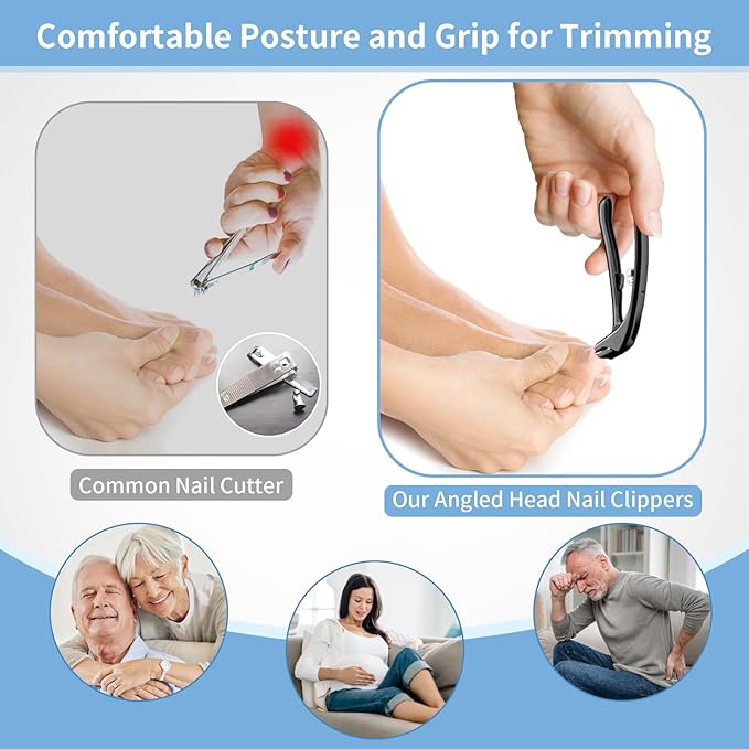 Toenail Clippers for Seniors Thick Toenails, Angled Head Toe Nail Clippers for Men Large with Wide Jaw Opening, Heavy Duty Sharp Fingernail Clipper Cutter with Catcher & Long Handle, Black