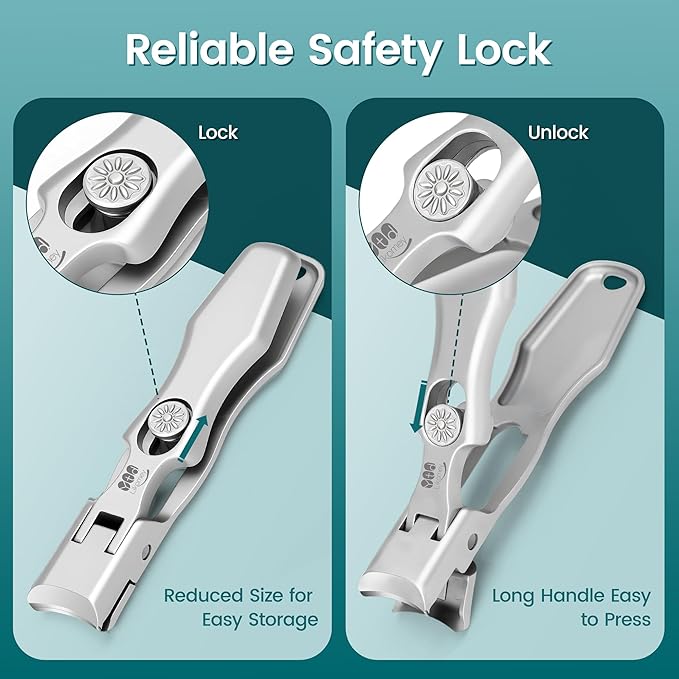 YTD Likomey Wide Jaw Opening Nail Clippers,Long Handled Safety Lock Toenail Clippers for Thick Nails,Ultra-Sharp Fingernail Clipper with Catcher,Nail Cutter with Nano Glass Nail File Set for Seniors