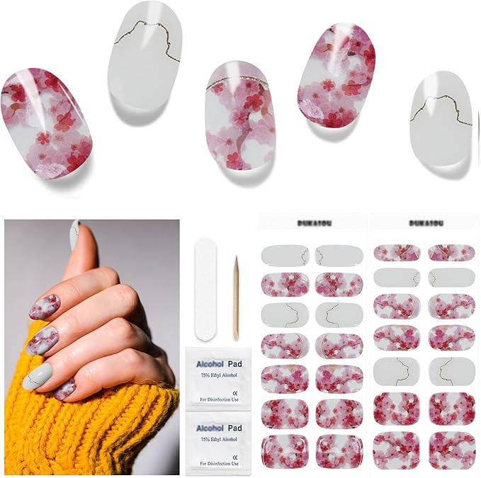 Semi Cured Gel Nail Strips | 28 pcs Gel Nails Strips Work with Any UV Lamps, Long Lasting UV Nail Stickers for Women DIY Nails Wraps(Sakura White)