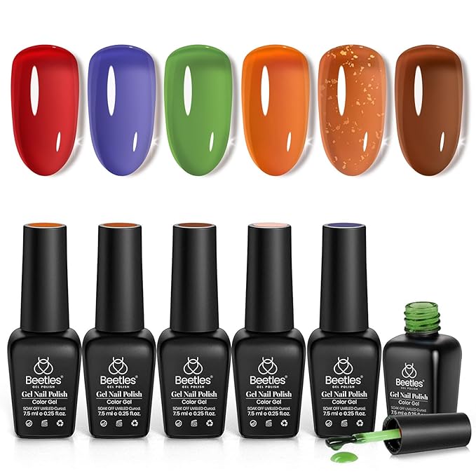 Beetles Fall Gel Polish - Fall Glimmer 6 Colors Jelly Polish Set, Tortoise Brown Orange Blue Green Jelly Colors Nail, Soak Off LED UV Curing Manicure Kit Gift for Women